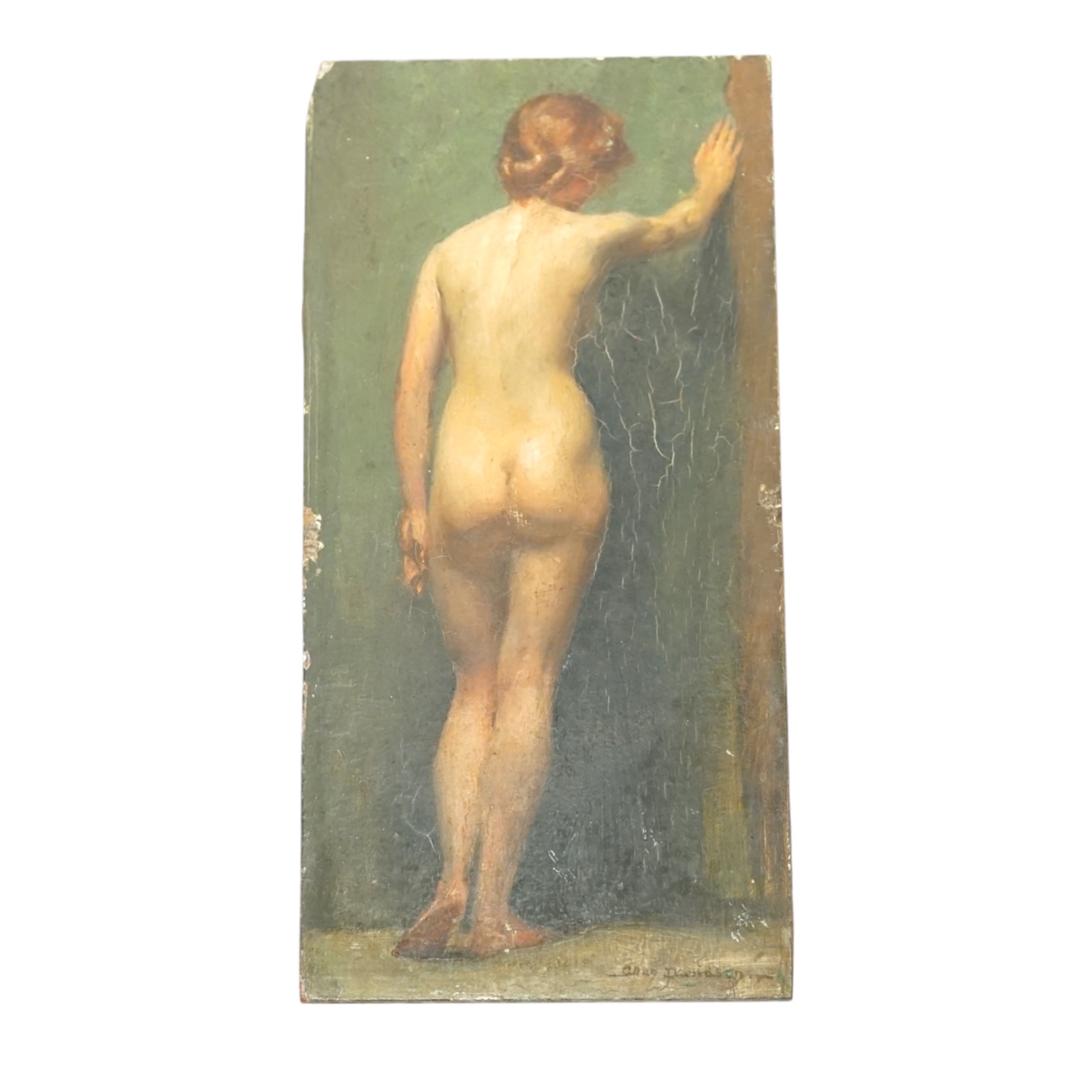 Allan Douglas Davidson RBA, ROI (1873-1932), oil on panel, full length study of a nude woman, signed, 23 x 11cm. Condition - poor